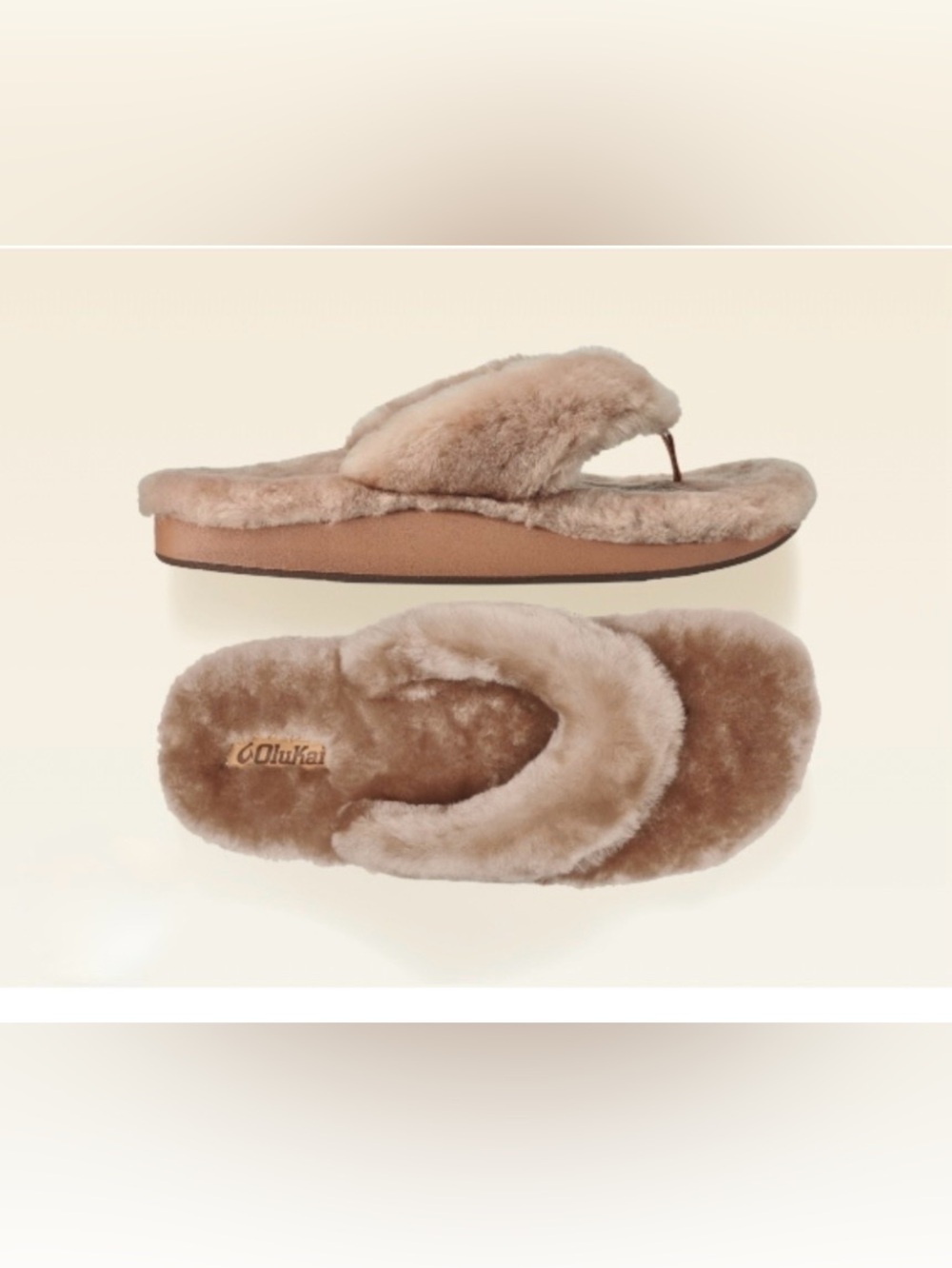 OluKai Women's Plush Shearling Flip Flop - Beige Taupe